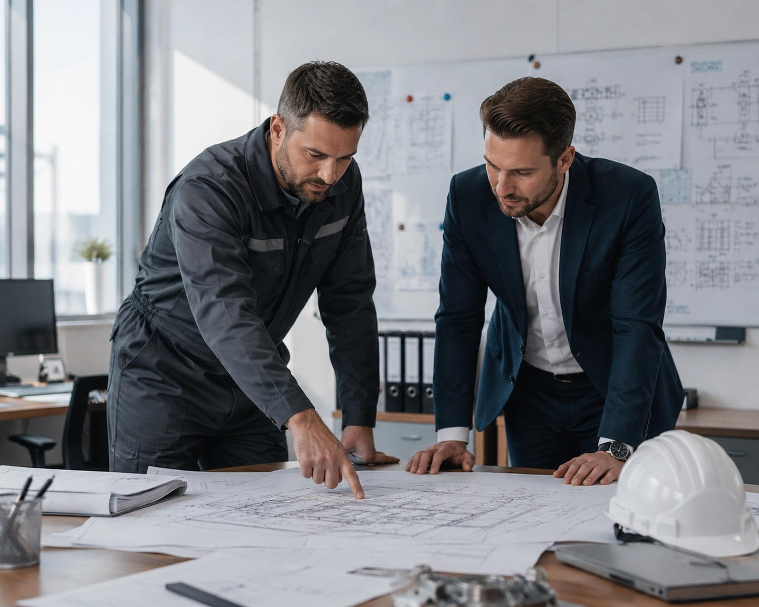 ALV ThermPRO – Ingenieur-Büro – Zwei Männer begutachten Architekturpläne in einem modernen Büro.